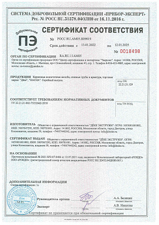 Сертификат соответствия водосточной системы Дёке требованиям нормативных документов